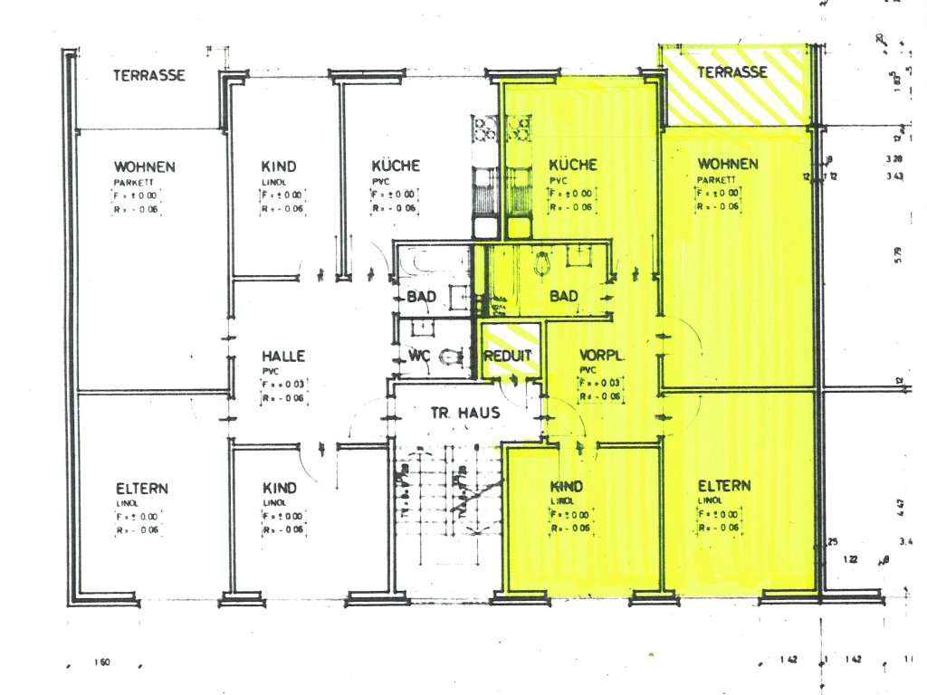 Grundriss 3-Zimmerwohnung mit Kind, Eltern, Vorplatz, Bad, Küche, Wohnen und Balkon